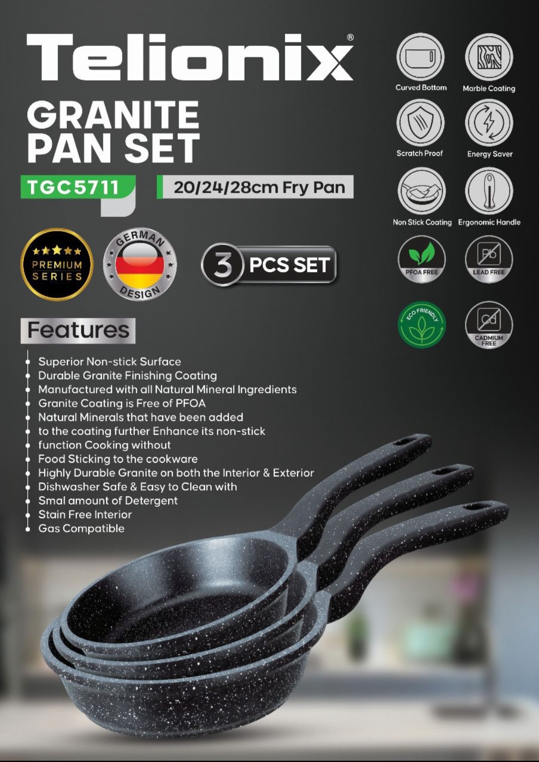 تابه گرانیت تلیونیکس مدل TGC5711 ست کامل و تکی سایز ۲۰/۲۴/۲۸